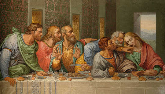 Detail Da Vinci’s The Last Supper by Giacomo Raffaelli. Judas seated second right. Alberto Fernandez Fernandez [GFDL (<a href=