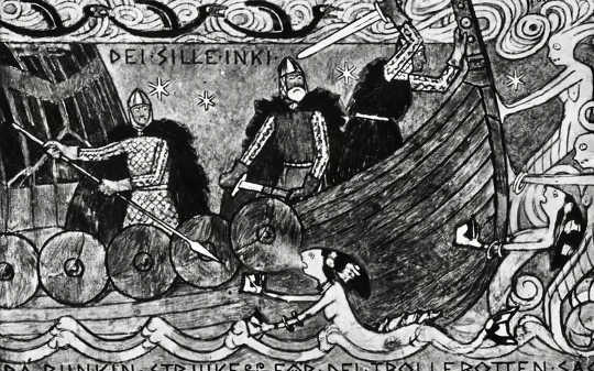 A Danish Viking ship under attack by mermaids, circa 1200. (mermaids are not real but they have fascinated people around the world for ages)